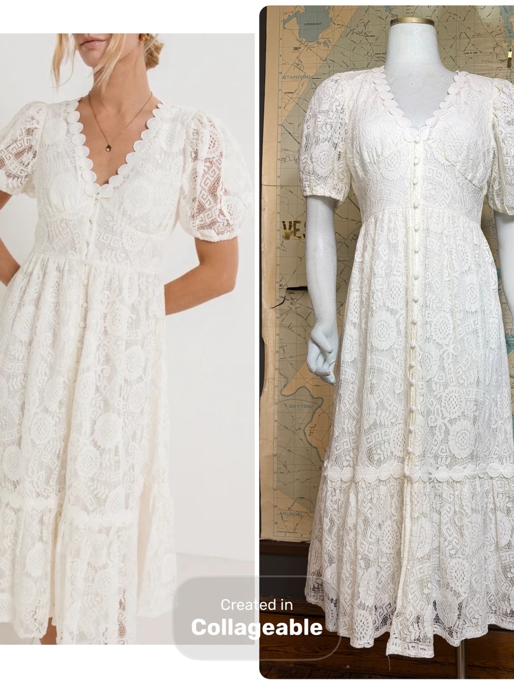 Lace Button Up Midi Dress with Scallop V-Neck and Ruffle Hem, White, Medium